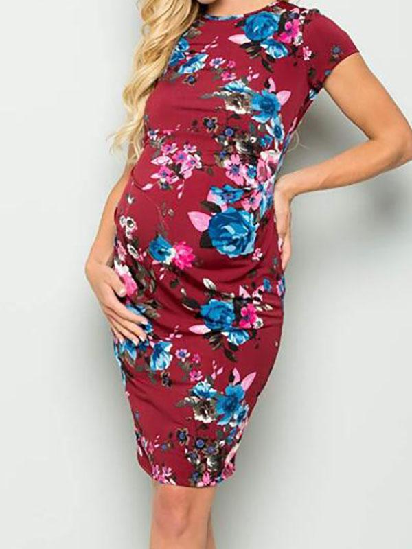 Floral Print Maternity For Babyshower Round Neck Short Sleeve Honey Girl Mini Dress