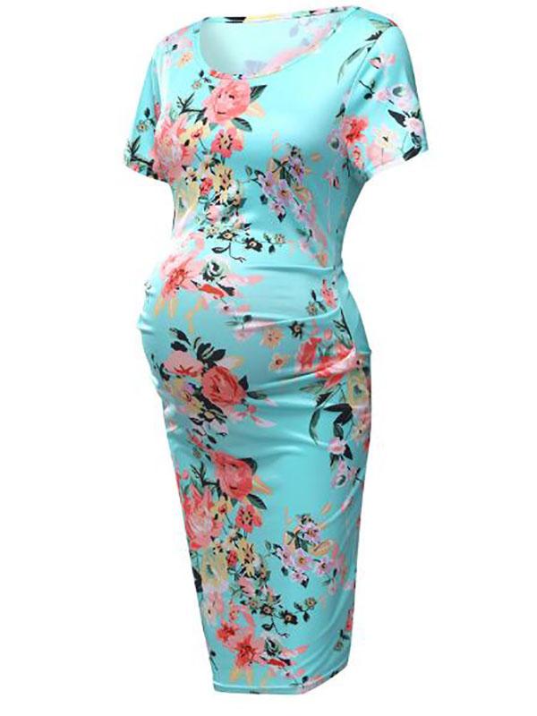 Floral Print Maternity For Babyshower Round Neck Short Sleeve Honey Girl Mini Dress