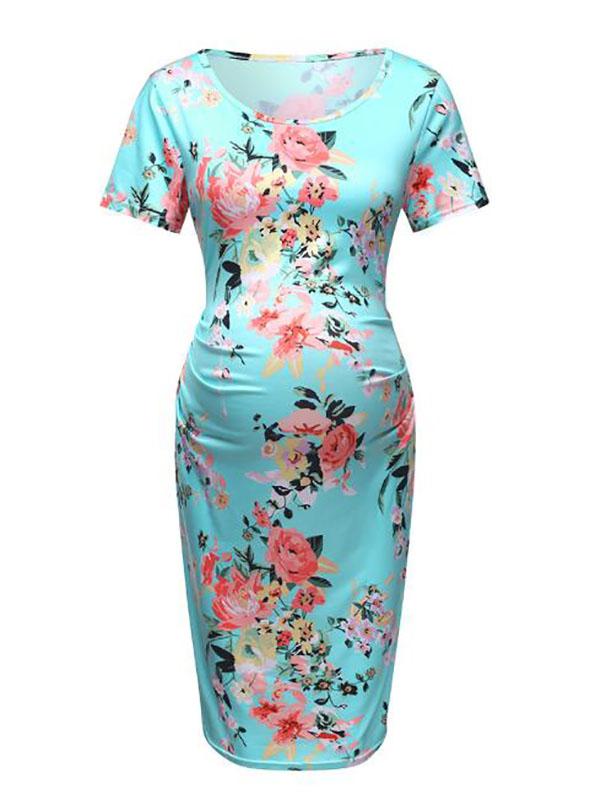 Floral Print Maternity For Babyshower Round Neck Short Sleeve Honey Girl Mini Dress