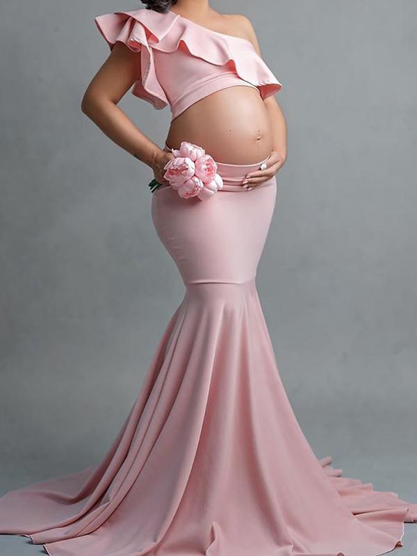 Seindeal Ruffle One Shoulder Cut Out Mermaid Two Piece Maxi Maternity Dress for Baby Shower Pink Girls Baby