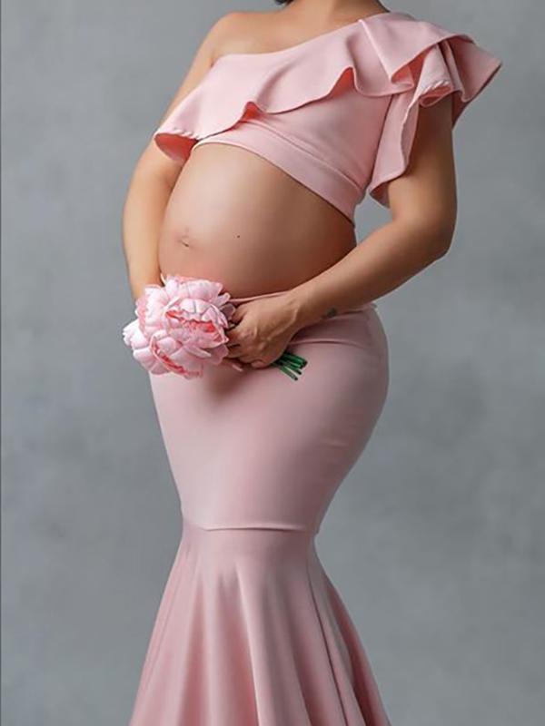 Seindeal Ruffle One Shoulder Cut Out Mermaid Two Piece Maxi Maternity Dress for Baby Shower Pink Girls Baby