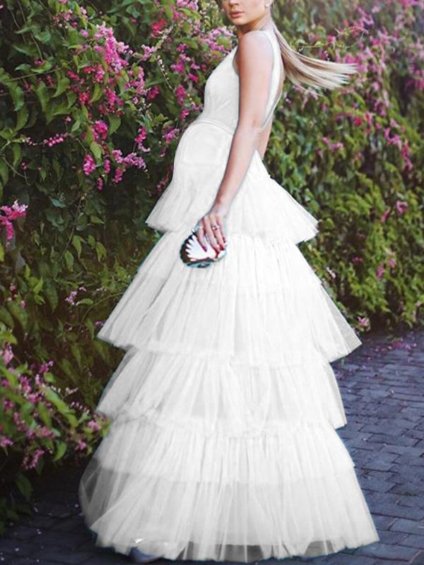 Cascading Ruffle Maternity For Babyshower V-neck Sleeveless Elegant Maxi Dress