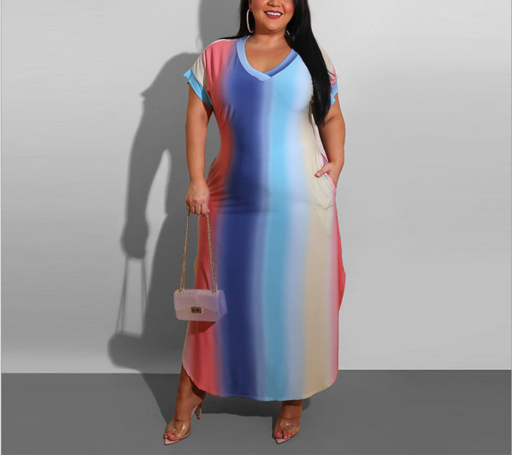 Rainbow Pockets Gradient Color Plus Size Vneck Short Sleeve Maternity Maxi Dress