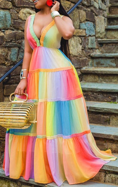 Rainbow Vneck Maternity For Babyshower Maxi Dress