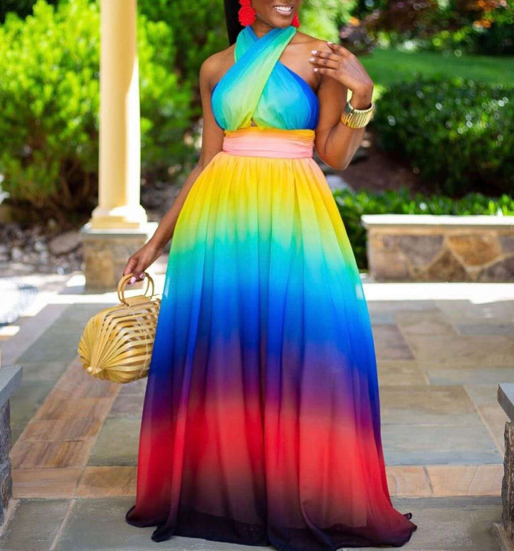 Rainbow Off Shoulder Halter Neck Gender Reveal Maternity Maxi Dress