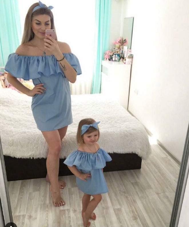 Ruffle Off Shoulder Mommy and Me Outfits Honey Girl Mini Dress