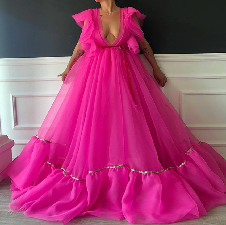 Ruffle Grenadine Belt Deep Vneck Big Swing Tulle Maternity For Baby shower Maxi Dress