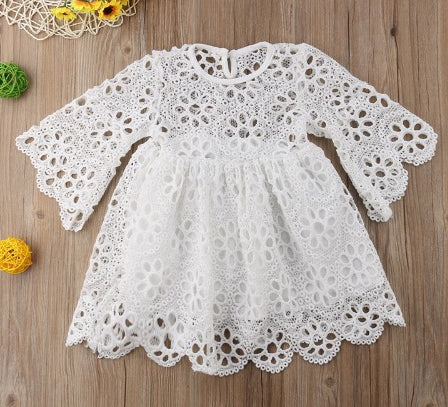 Lace Cut Out Mommy and Me Outfits Round Neck Long Sleeve Mini Dress