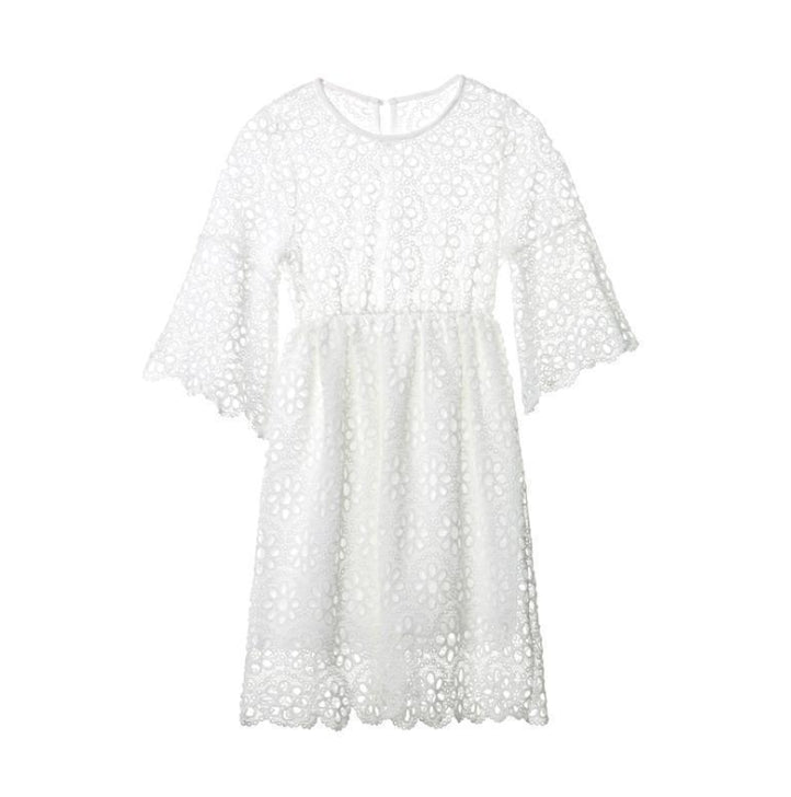 Lace Cut Out Mommy and Me Outfits Round Neck Long Sleeve Mini Dress
