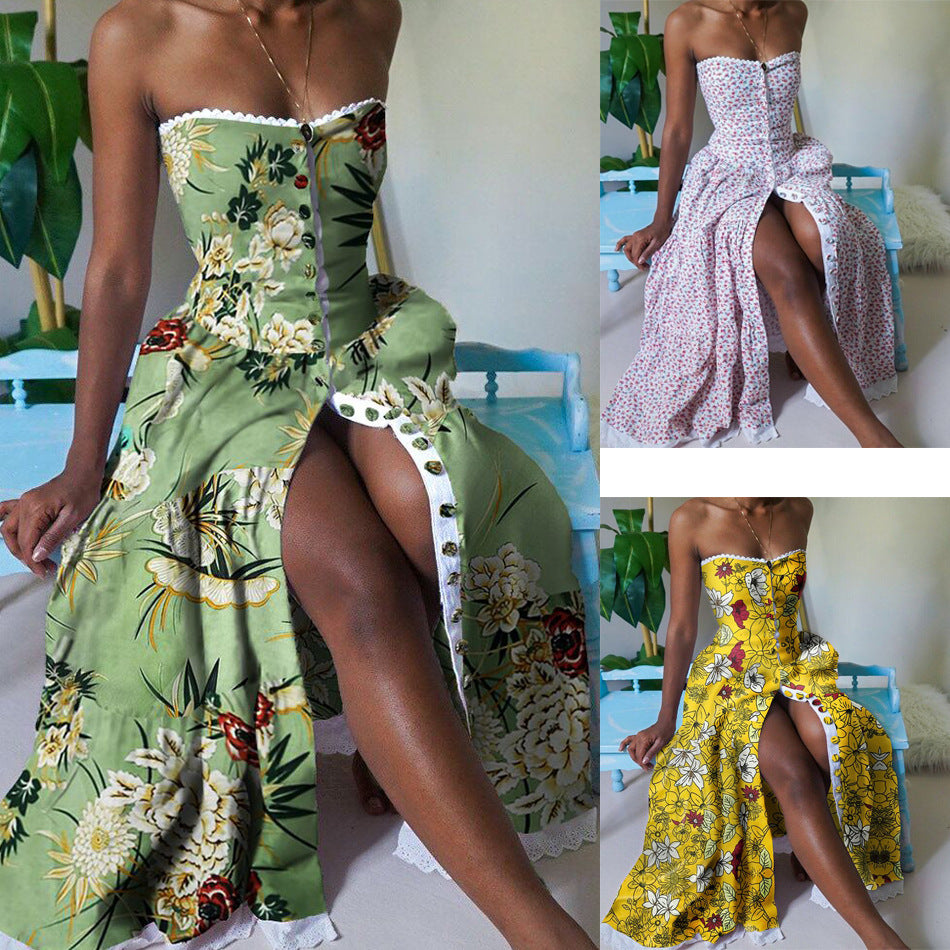Floral Print Single Breasted Maternity Off Shoulder Mermaid Shirred Maxi Dress