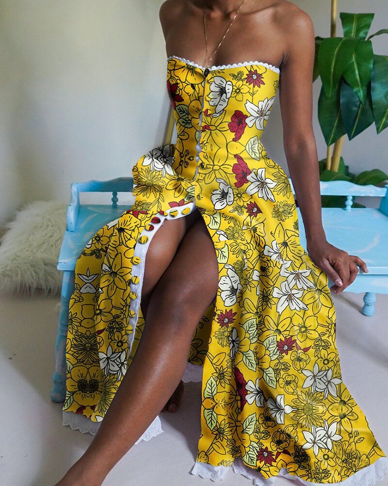 Floral Print Single Breasted Maternity Off Shoulder Mermaid Shirred Maxi Dress