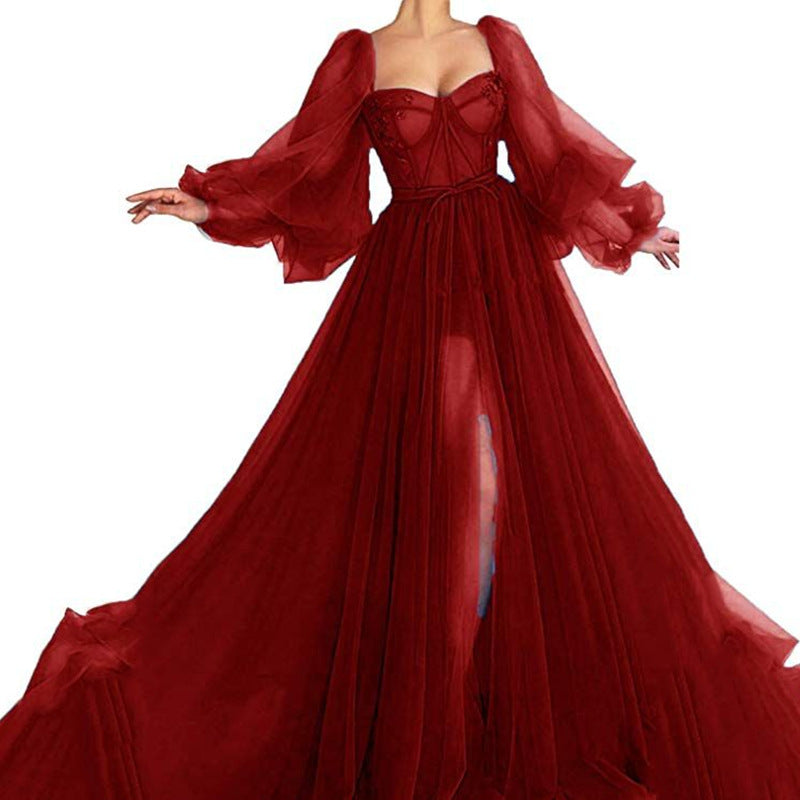Lace Tulle Tutu Grenadine Lantern Sleeve Sheer Maternity For Babyshower Maxi Dress