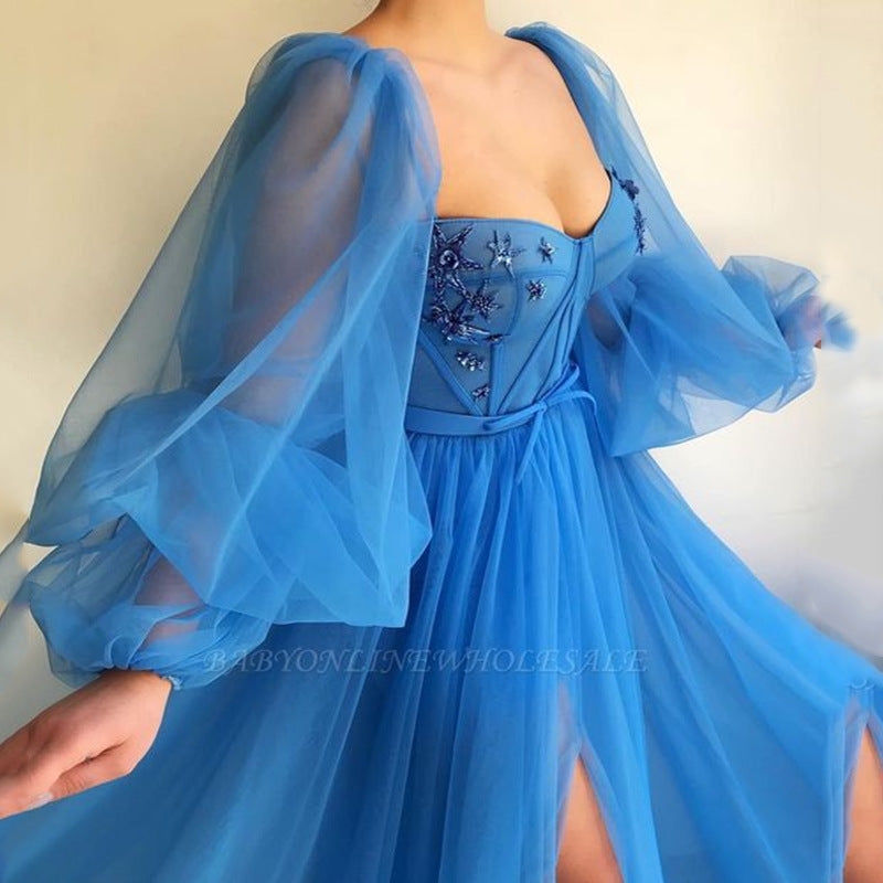 Lace Tulle Tutu Grenadine Lantern Sleeve Sheer Maternity For Babyshower Maxi Dress