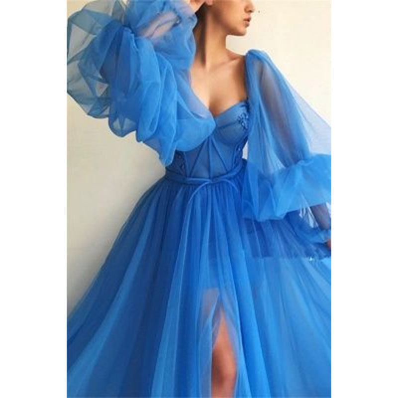 Lace Tulle Tutu Grenadine Lantern Sleeve Sheer Maternity For Babyshower Maxi Dress