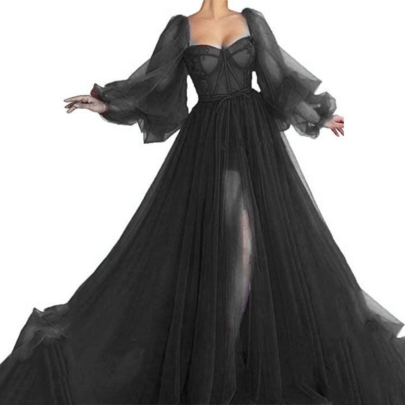 Lace Tulle Tutu Grenadine Lantern Sleeve Sheer Maternity For Babyshower Maxi Dress