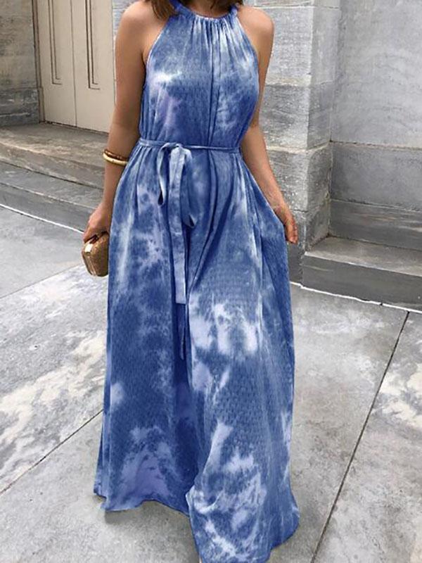 Print Belt Maternity For Babyshower Tie Dye Halter Neck Fashion Maxi Dress