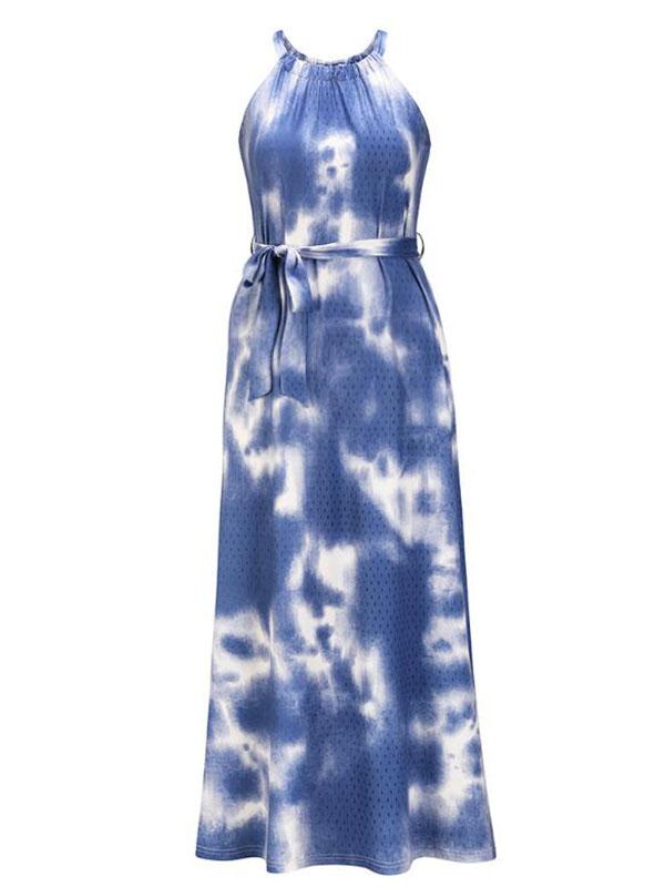 Print Belt Maternity For Babyshower Tie Dye Halter Neck Fashion Maxi Dress