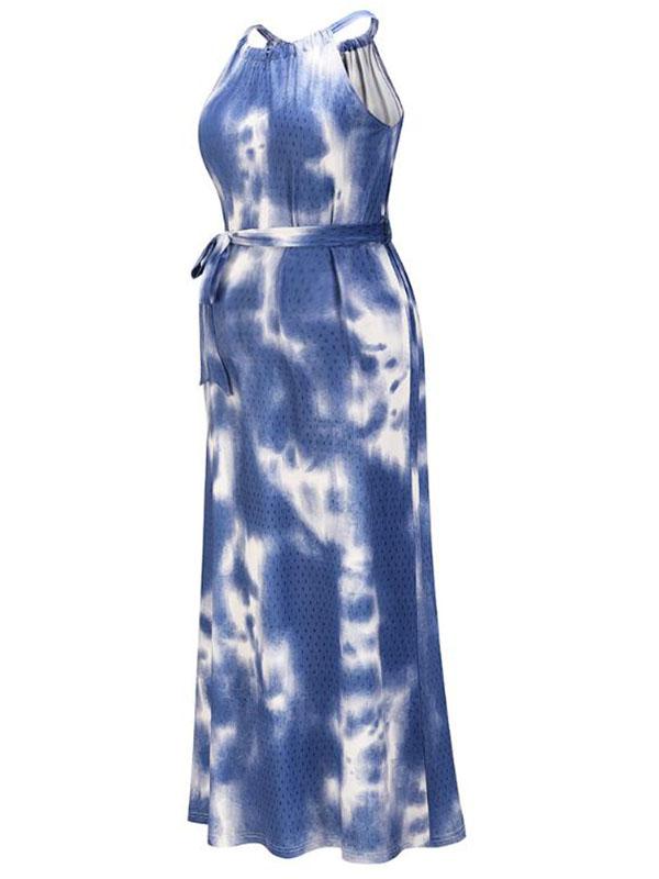 Print Belt Maternity For Babyshower Tie Dye Halter Neck Fashion Maxi Dress