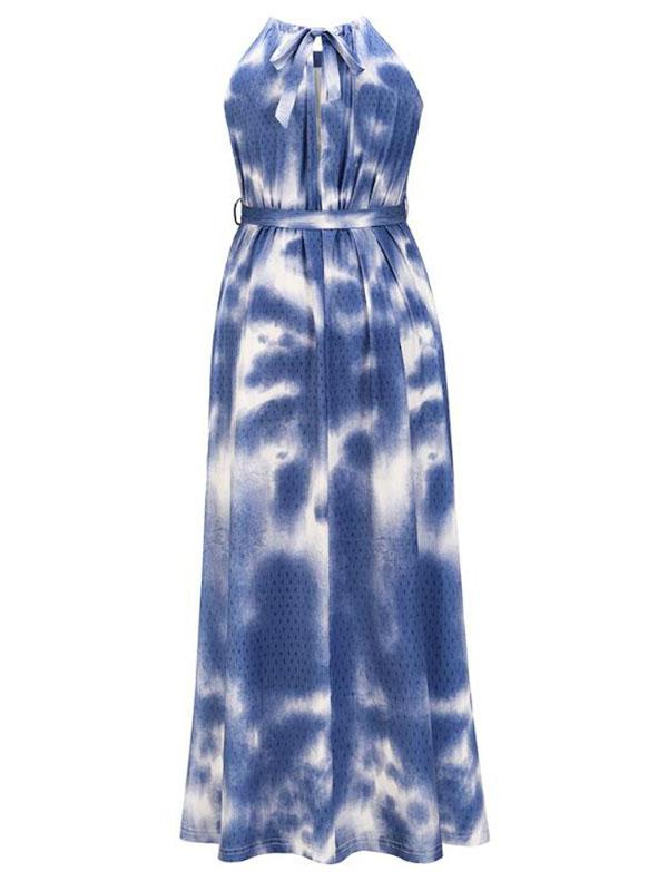 Print Belt Maternity For Babyshower Tie Dye Halter Neck Fashion Maxi Dress