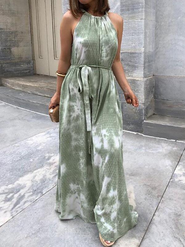 Print Belt Maternity For Babyshower Tie Dye Halter Neck Fashion Maxi Dress