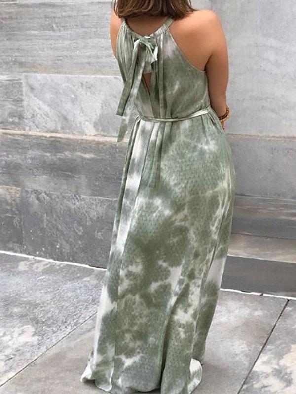 Print Belt Maternity For Babyshower Tie Dye Halter Neck Fashion Maxi Dress
