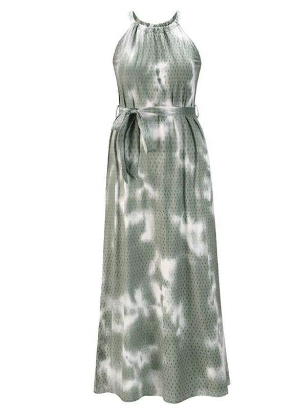 Print Belt Maternity For Babyshower Tie Dye Halter Neck Fashion Maxi Dress
