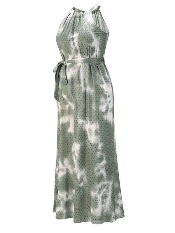Print Belt Maternity For Babyshower Tie Dye Halter Neck Fashion Maxi Dress