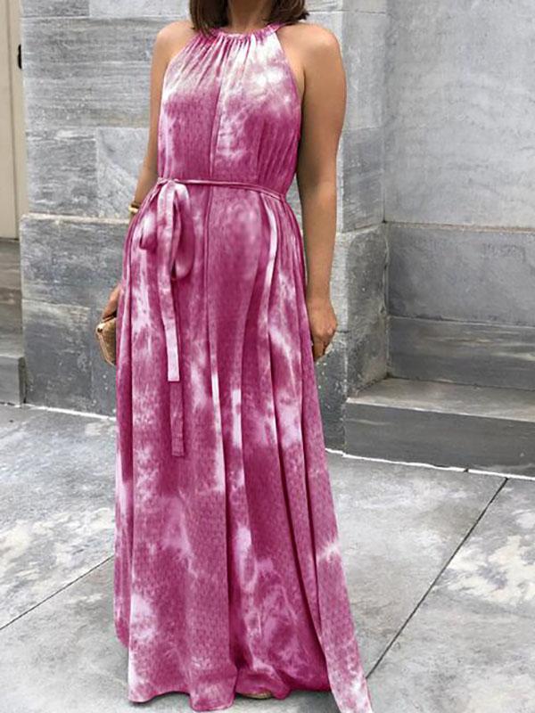 Print Belt Maternity For Babyshower Tie Dye Halter Neck Fashion Maxi Dress