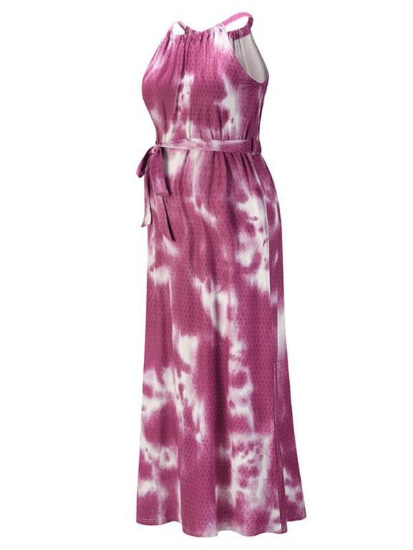 Print Belt Maternity For Babyshower Tie Dye Halter Neck Fashion Maxi Dress