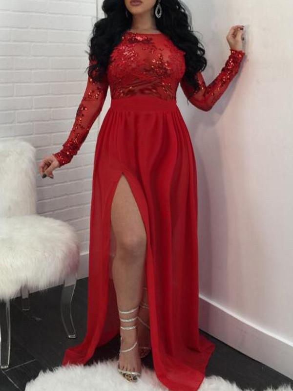Seindeal Patchwork Side High Cut Slit Party Maxi Sequin Evening Dress for Women and Pregnancy