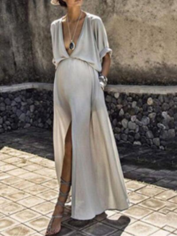 Draped Pockets Deep V-neck Half Sleeve Maternity Maxi Dress