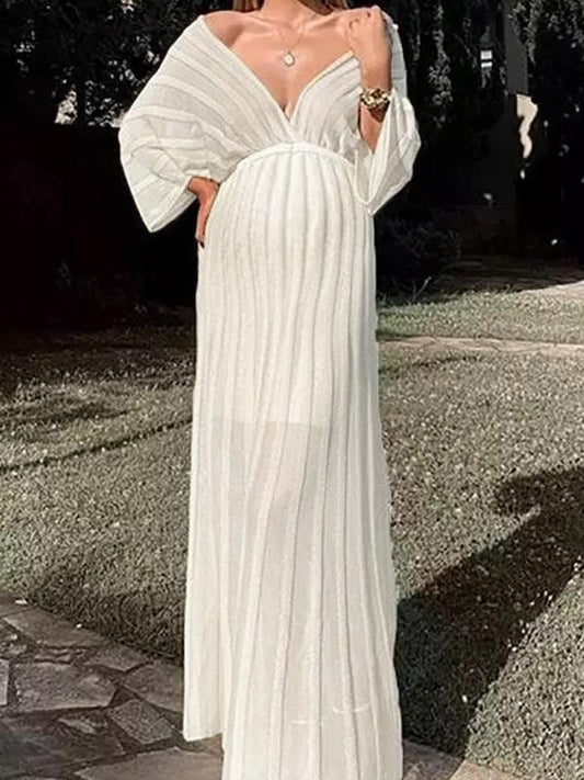 Seindeal Wedding Guest Dress Striped Off Shoulder Sheer Flowy Plunging Neckline Elegant Maternity Photoshoot Dress