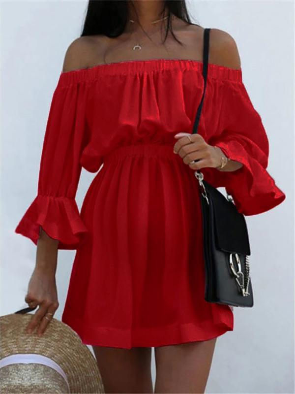 Solid Off Shoulder Ruffle High Waisted Long Sleeve Sweet Maternity Mini Dress