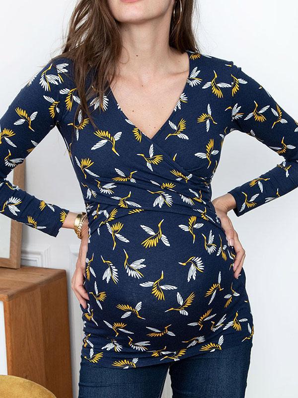 Floral Cotton V-neck Long Sleeve Maternity Fashion T-Shirt