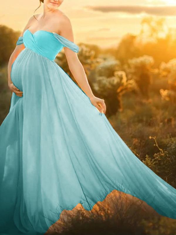 Seindeal Solid Draped Off Shoulder Maternity For Babyshower Elegant Maxi Dress