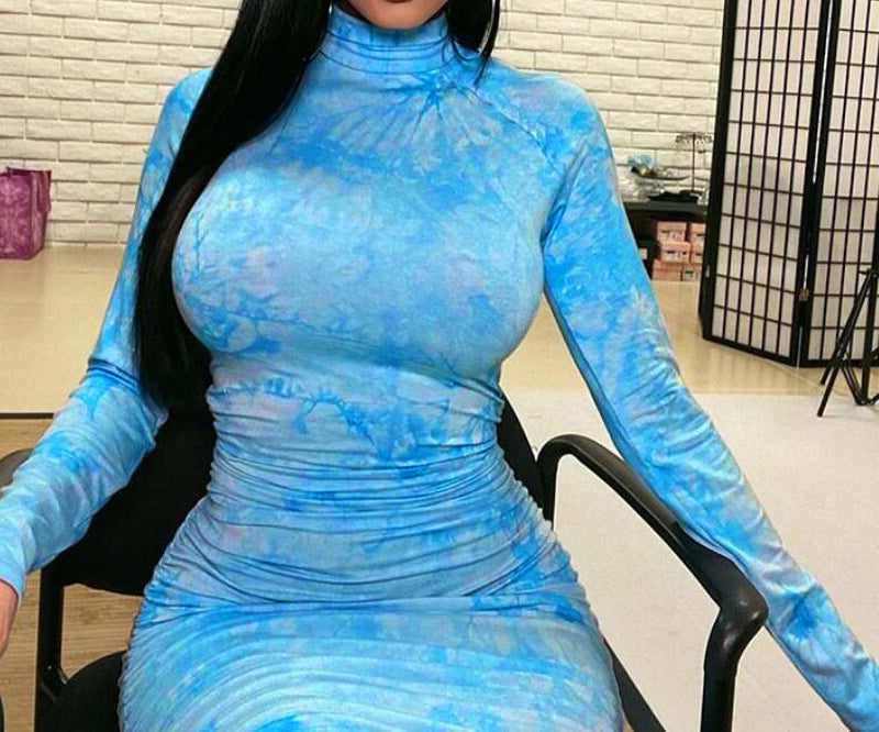 Seindeal Fashion Maxi Plus Size Maternity Bodycon Dress Tie Dye High Neck Long Sleeve Design