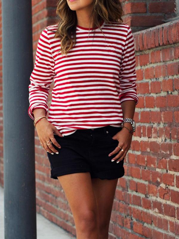 Red and White Striped Long Sleeve Round Neck Fall Casual T-Shirt Sweater Sweatshirt For Women