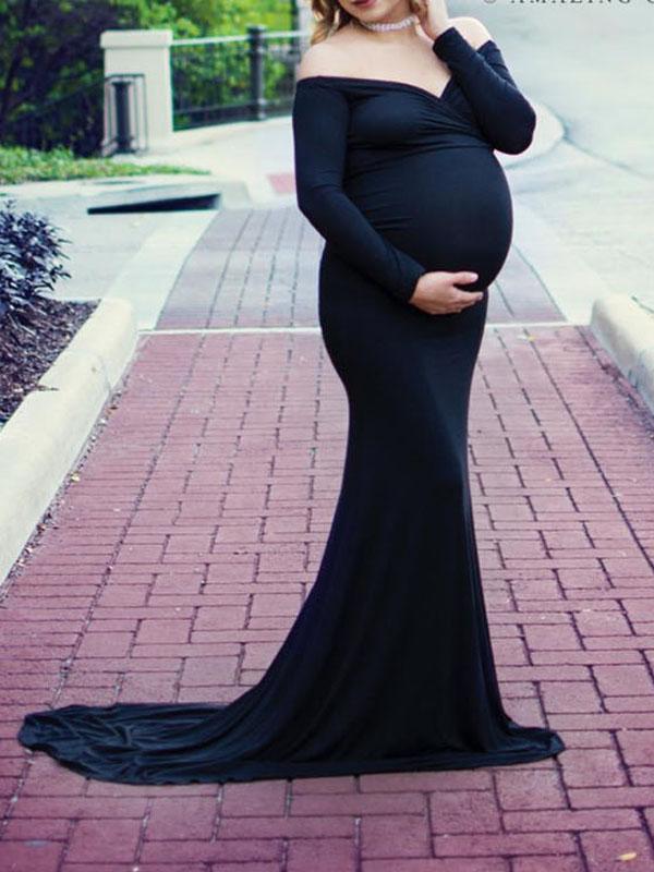 Seindeal Off Shoulder Backless Draped Mermaid Maternity Photoshoot Dress Pink