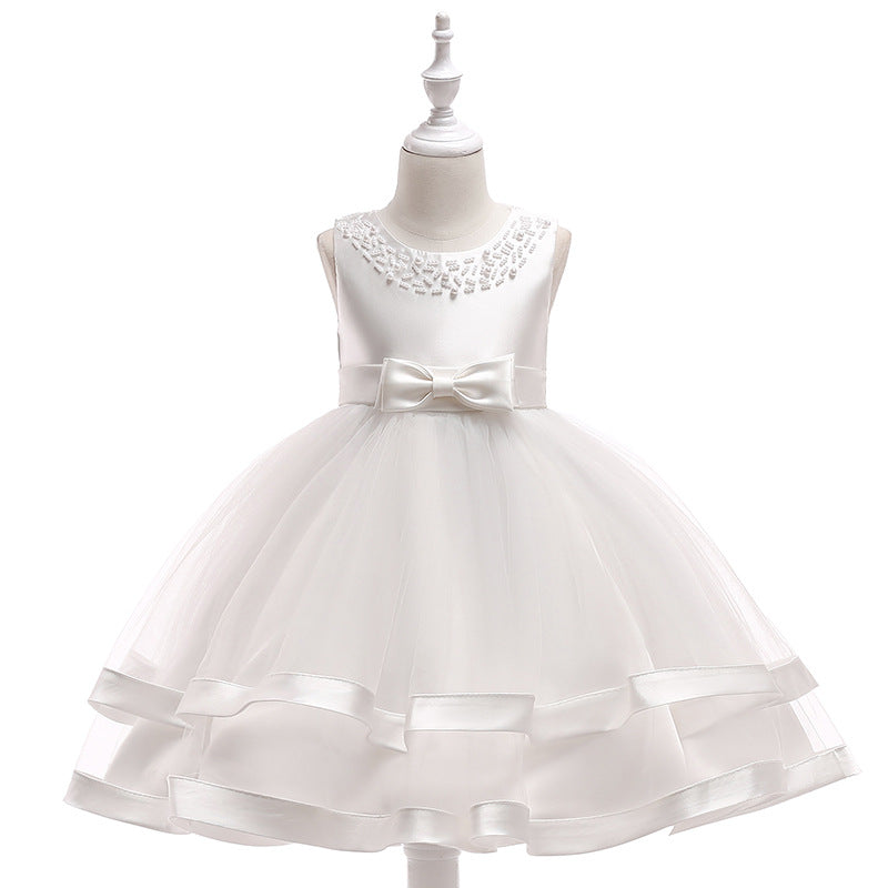 Girls Beading Bow Layered Sleeveless Round Neck Gown Dress Formal