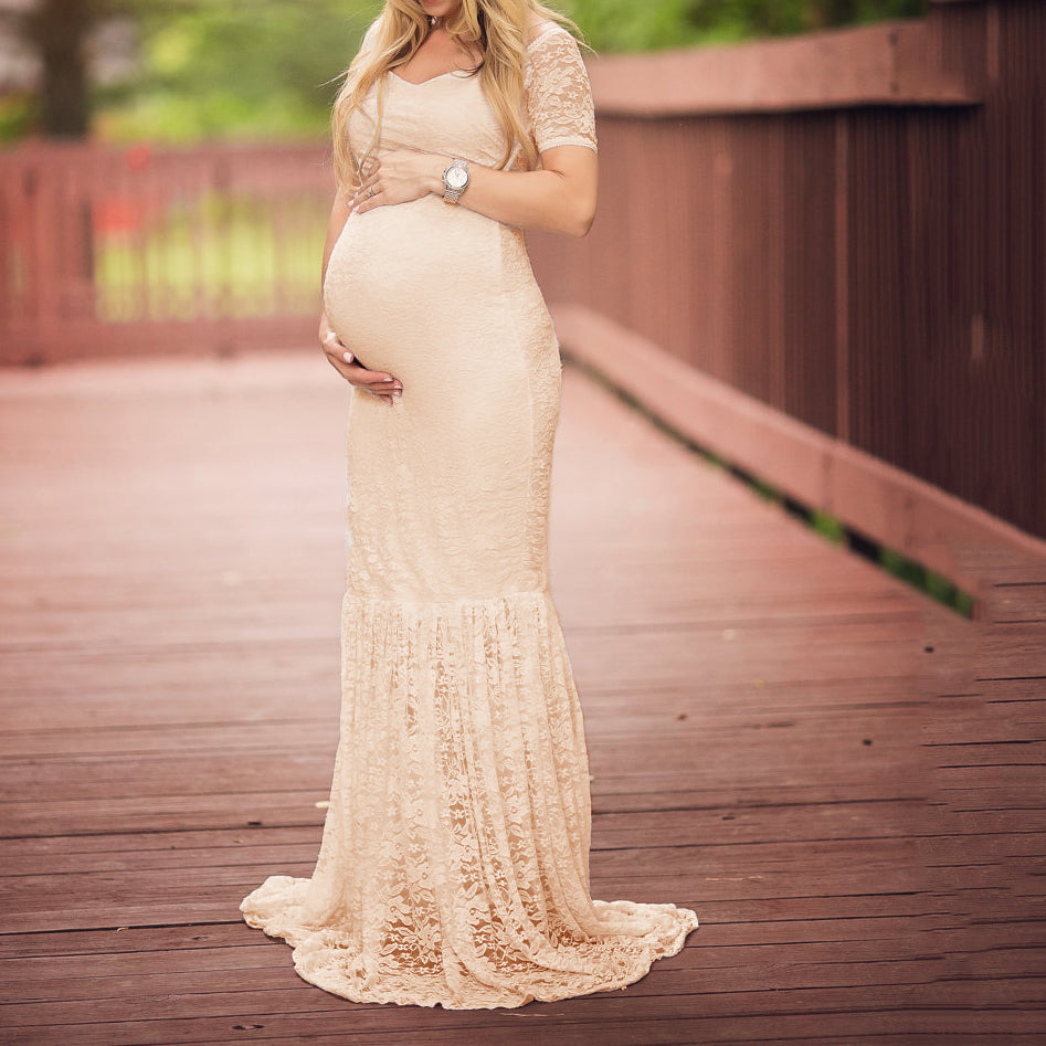 Seindeal Boho Pink Lace Plus Size Maternity Dress Cheap Pleated Bodycon Mermaid Maxi Dress for Photoshoot