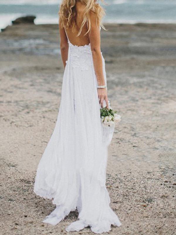 White Side Slit Lace Backless V Neck Spaghetti Straps Women Maxi Dresses Wedding Dress