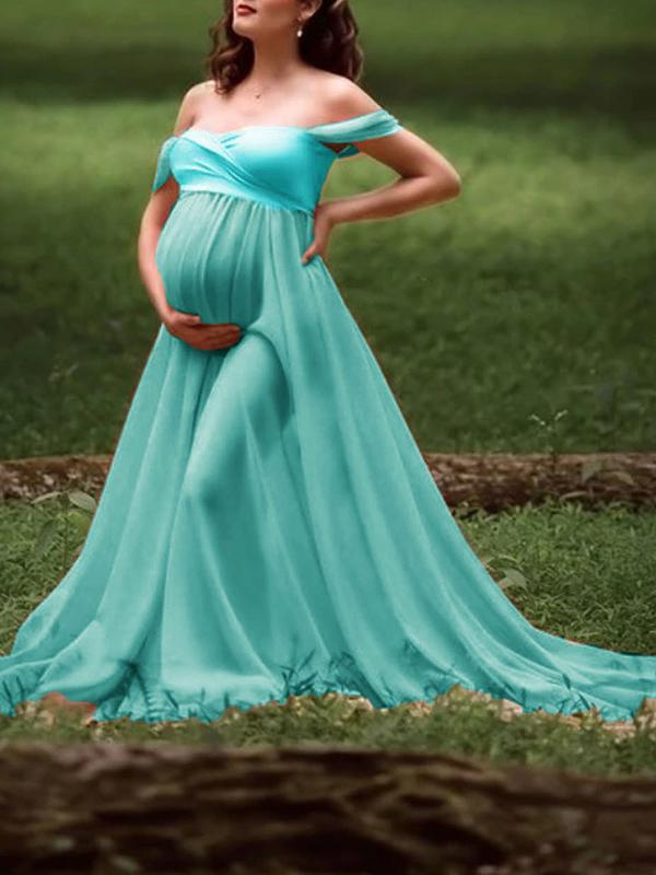 Seindeal Solid Draped Off Shoulder Maternity For Babyshower Elegant Maxi Dress