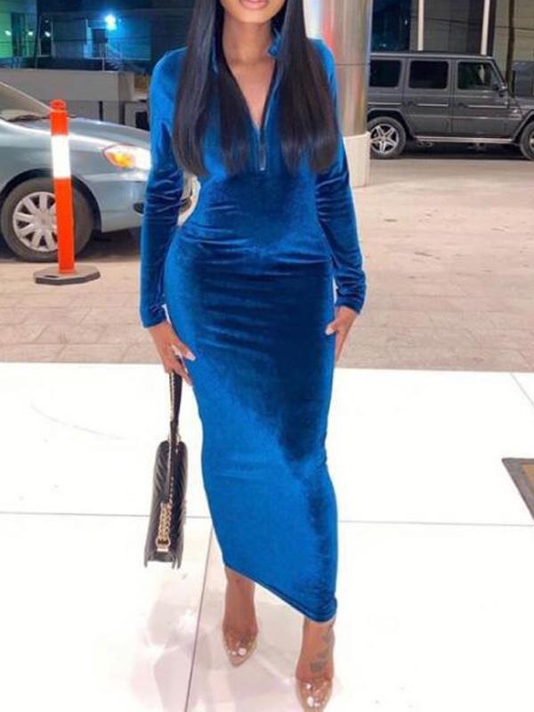 Pleuche Zipper Band Collar Pregnant Bodycon Maternity Dress