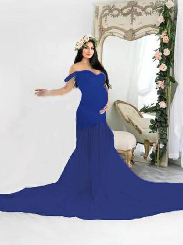 Seindeal Patchwork Off Shoulder Mermaid Baby Shower Maternity Maxi Dress