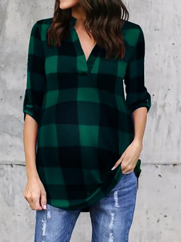 Seindeal Plaid Checkered Grid Print V-neck Long Sleeve Plus Size Maternity Blouse