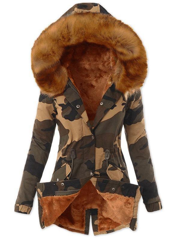 Camouflage Drawstring Hoodie Long Sleeve Fashion Maternity Fatigue Fur Coat