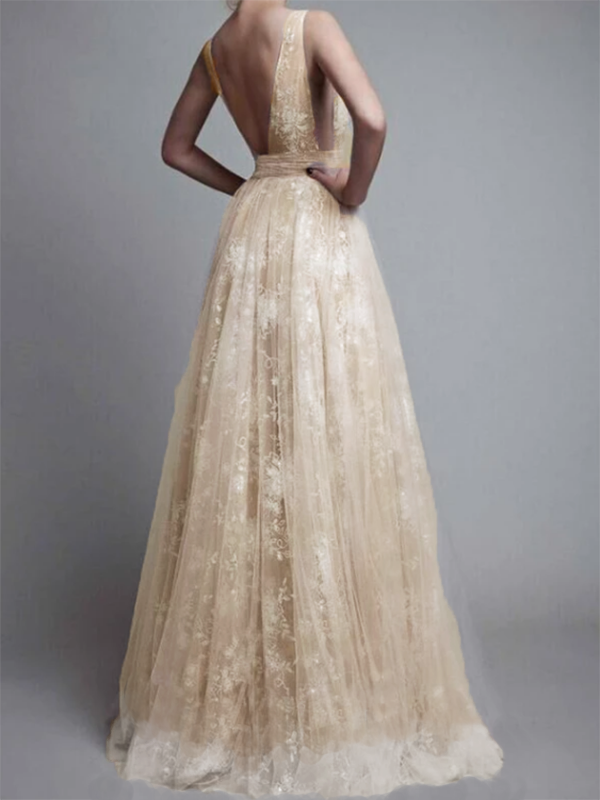 Apricot Backless Mesh V-Neck Spaghetti Straps Women Maxi Dresses Evening Dress Ball Gown
