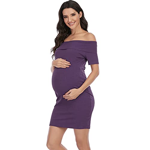 Women's Maternity Dress Off Shoulder Ruffle Sleeveless Bodycon Dress for Baby Shower