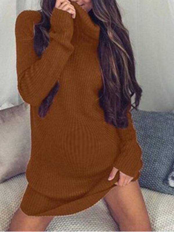 Solid High Neck Long Sleeve Casual Maternity Sweater Mini Dress