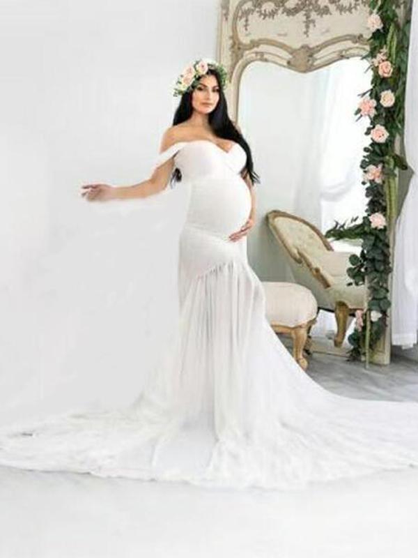 Seindeal Patchwork Off Shoulder Mermaid Baby Shower Maternity Maxi Dress